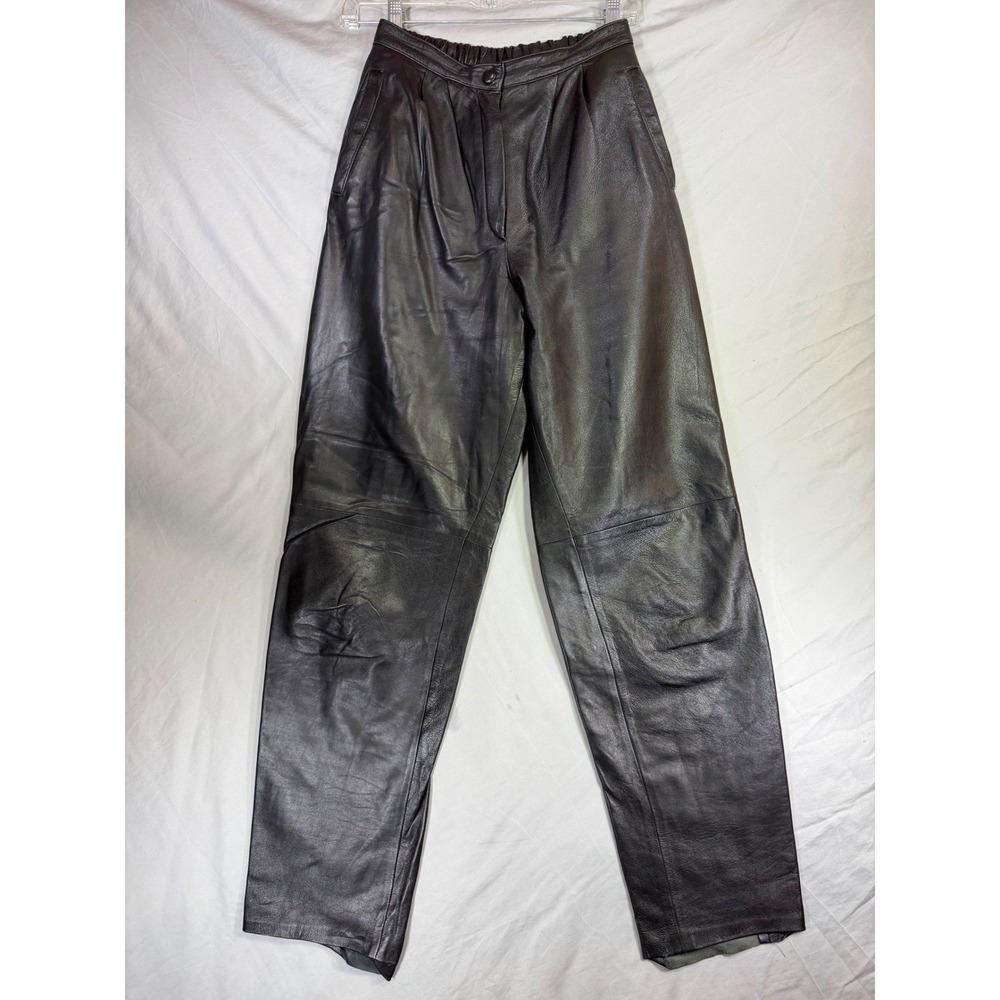 Julian K Vintage Black Leather Pleated High Waist Straight Leg Pants Womens 8